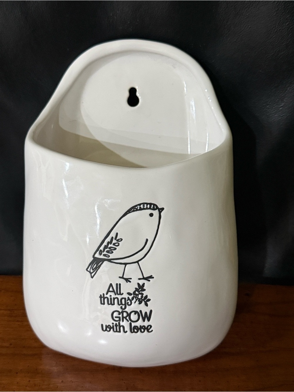 White Ceramic Wall Hanging Planter Pocket with Bird Graphic Creativeco-op